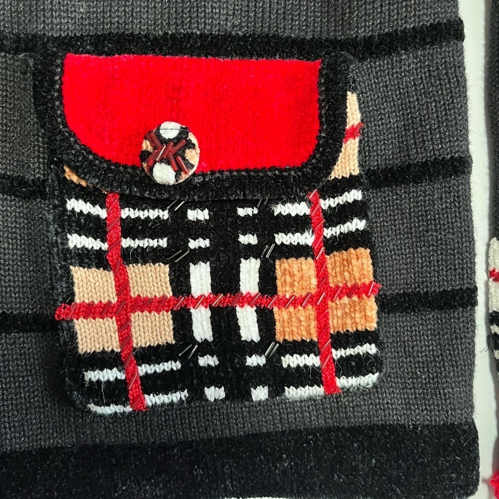 Vintage Jack B Quick Whimsical Retro Black Cardigan Candy Cane plaid multi trim - Picture 6 of 8
